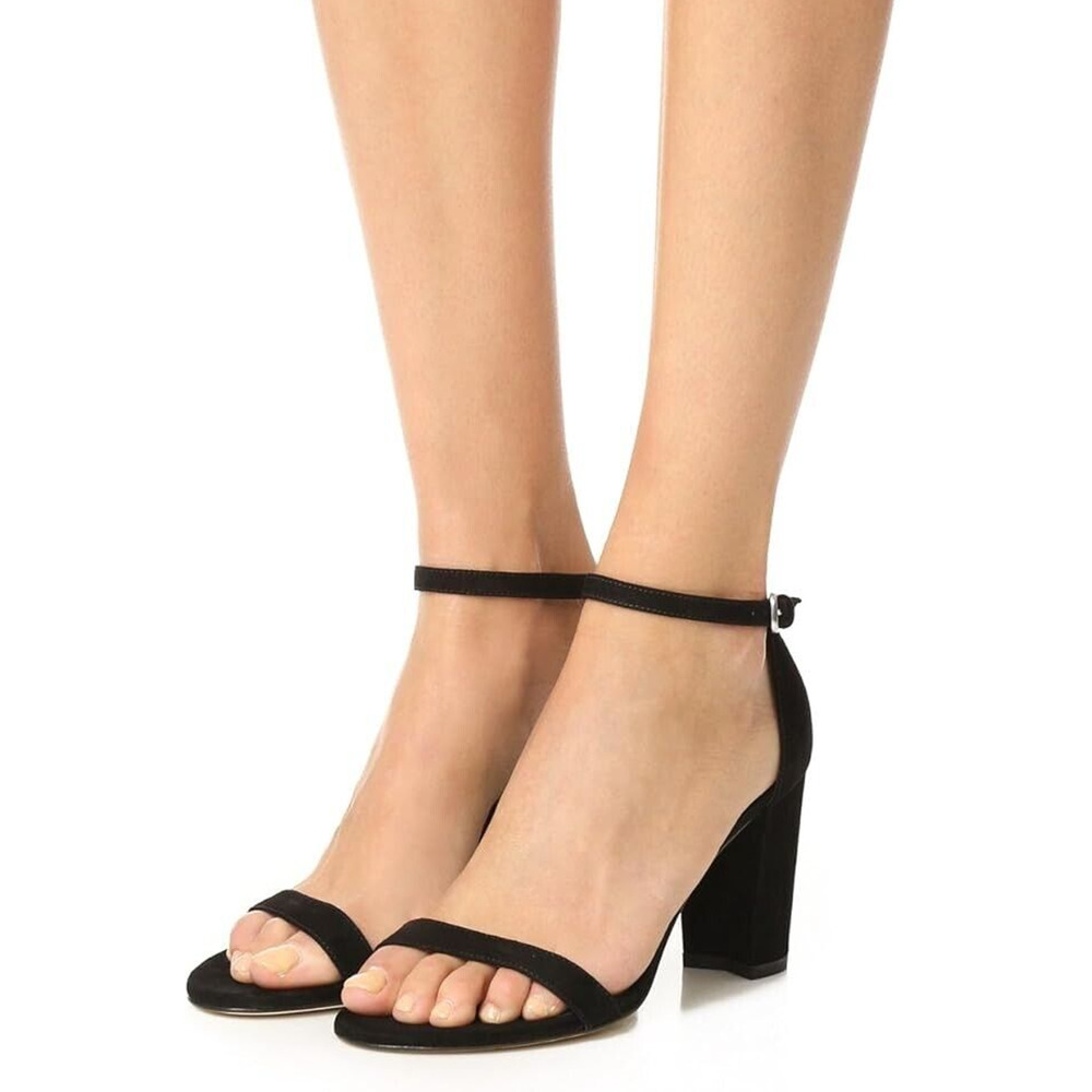 Stuart Weitzman Nearlynude Ankle Strap Sandal Black Open Toe 3.25" Block…